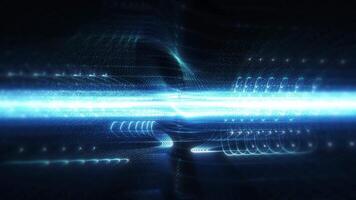 abstrakt scen av trogen cyber värld, sci-fi Vinka energi rutnät, teknologi lysande yta, neon natt scen, digital vetenskap bakgrund 4k animation, sömlös slinga, virtuell verklighet begrepp video