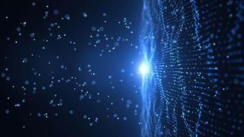 abstrakt trogen digital Vinka bakgrund med skinande partiklar, långsam rör på sig lysande partiklar på blå bakgrund, Vinka energi data flöde, cyber teknologi, sömlös slinga animering 4k video