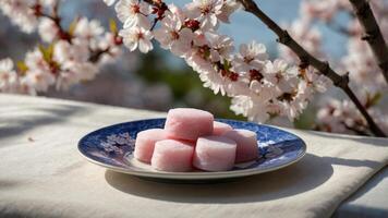 Delicate pink sweets arranged on a blue plate, surrounded by blooming cherry blossoms by a serene lake photo