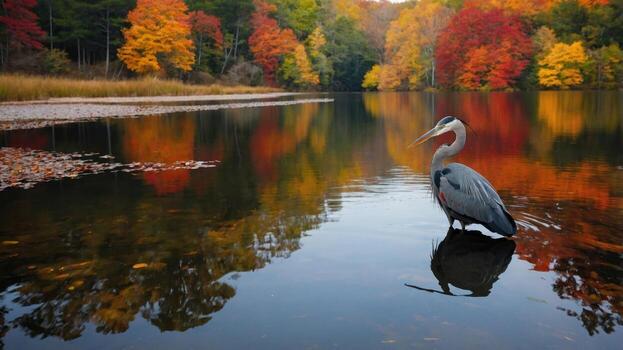 Great blue heron standing gracefully in a serene lake surrounded by vibrant autumn foliage photo