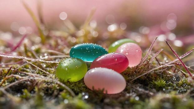 Colorful jelly beans resting on dew-covered grass in a vibrant spring setting with soft bokeh photo