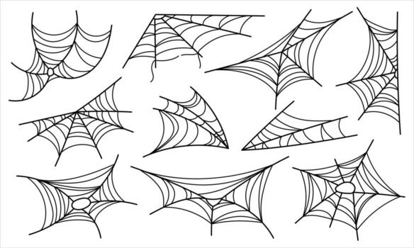 conjunto de Víspera de Todos los Santos telarañas de diferente formas silueta de negro telaraña aislado en blanco antecedentes. ilustración. vector