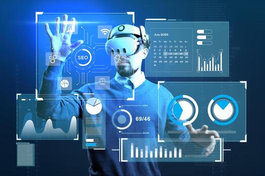 Virtual reality user interacts with data analytics in futuristic digital environment photo