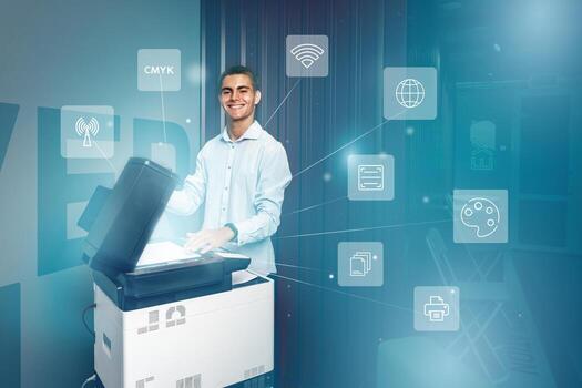 Professional man operating a printer in a modern office, showcasing technology and connectivity options for efficient workflow photo