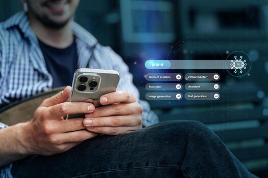 Engaging with mobile technology for content creation in a modern workspace photo