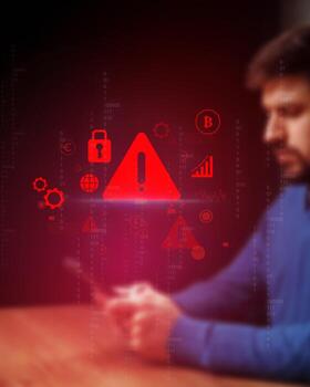 Individual analyzing digital security risks while using smartphone in low-lit environment with warning symbols present photo