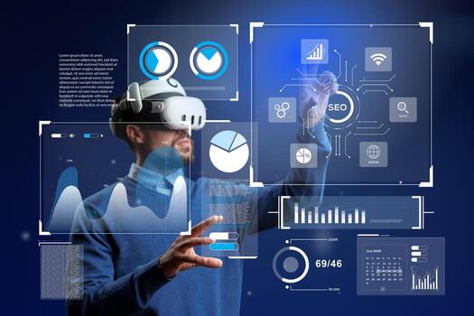 Virtual reality interaction for data analysis and insights in a futuristic workspace environment photo