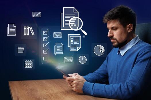 profesional hombre analizando documentos y datos en portátil dispositivo en moderno espacio de trabajo foto