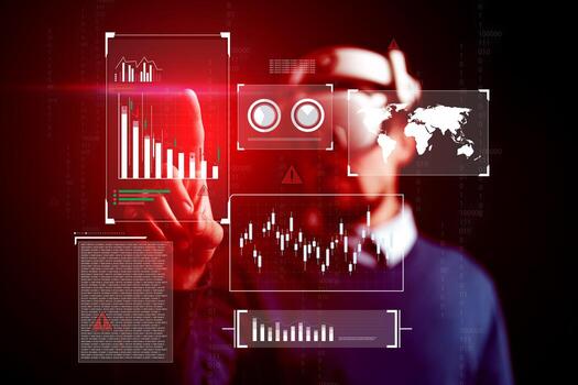 Creative technology hub showcases virtual reality interaction with data visualization in a modern workspace photo