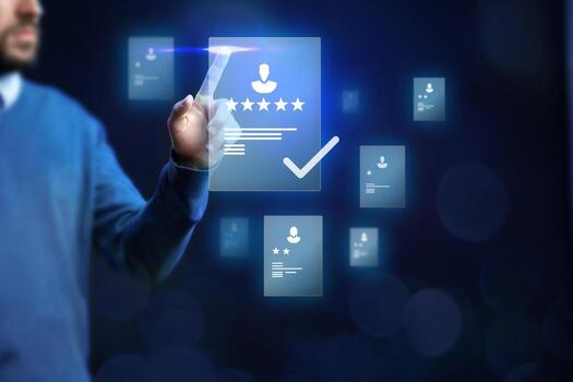 Man interacting with digital interface to evaluate user profiles with ratings and selections in a modern workspace setting photo