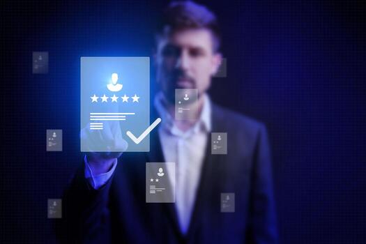 Man interacting with digital interface displaying reviews and profiles in modern office setting photo