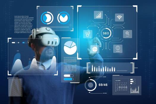 Virtual reality expert analyzing data with digital interface at a technology conference in 2023 photo