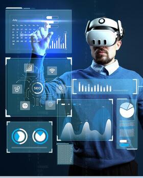 Virtual reality analyst engaged in data visualization and interpretation in a modern office setting during a tech presentation photo