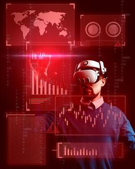 Virtual reality user interacts with data visualization and analytical graphs in a modern workspace environment photo