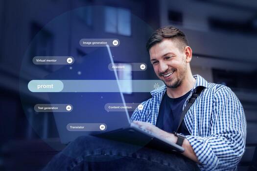 Man engaging with technology in urban setting while exploring digital content creation and assistance tools photo