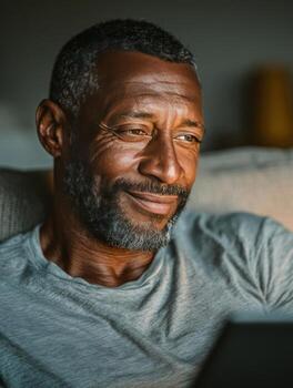 Smiling senior man using laptop at home photo
