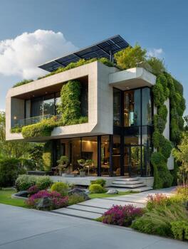 Modern green building embracing sustainable architecture and lush gardens photo