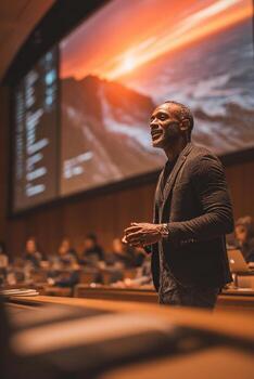 Motivational speaker inspiring audience with presentation in conference hall photo