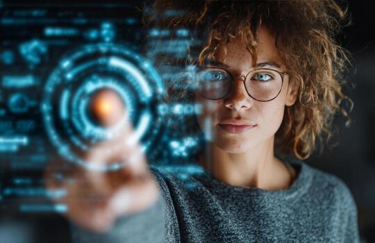 mujer con lentes conmovedor futurista holográfico interfaz, explorador virtual y aumentado realidad foto