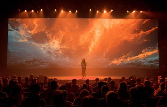 Motivational speaker inspiring audience with dramatic presentation on stage photo