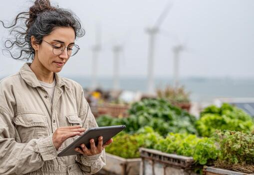 Female agricultural engineer using digital tablet in rooftop garden with offshore wind turbines in background photo