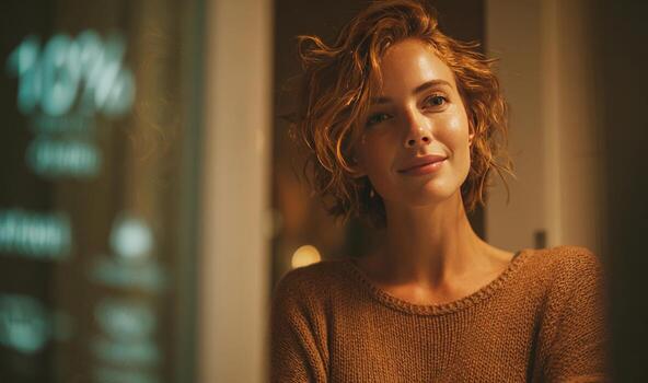 Woman using smart home appliances control panel displaying energy consumption data photo