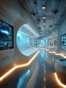 Futuristic spaceship corridor showing data on transparent displays photo