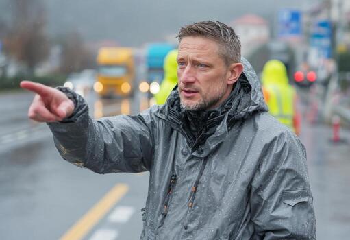 Supervisor pointing finger giving instructions on road construction site photo