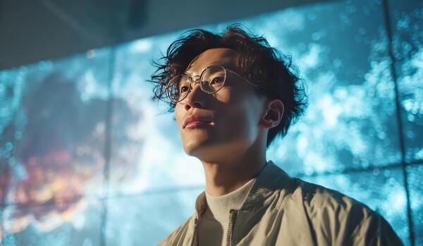 Pensive software engineer analyzing global network data on big screen display photo