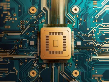 Golden CPU on a PCB. Detailed View of Technology and Modern Microelectronics. photo
