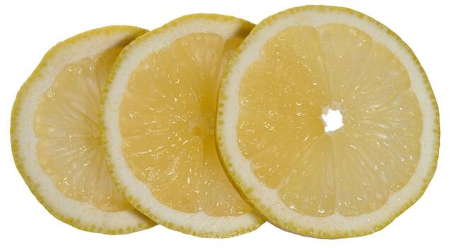 Close-up of three thin round lemon slices placed overlapping each other. Isolated background photo