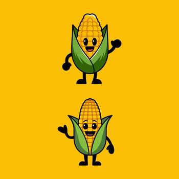 Set of Two Happy Cartoon Corn Cob Characters Waving and Smiling vector