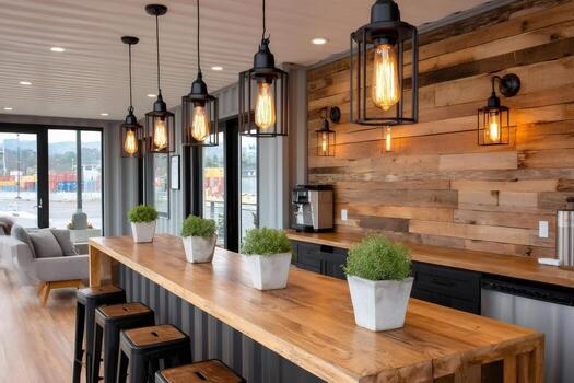 Modern rustic container home interior with edison bulb lighting photo