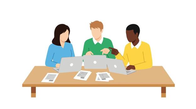 Diverse team collaborating at a table with laptops and documents pointing and discussing vector