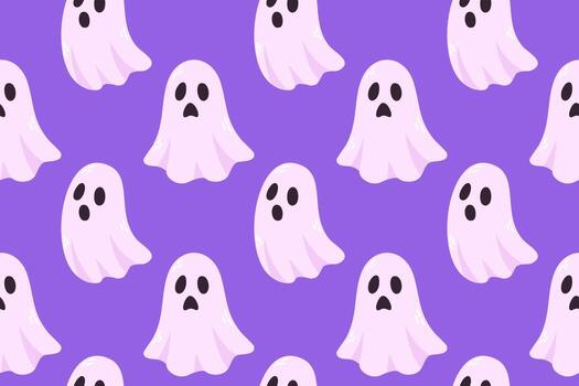 Seamless purple background with tiny ghost pattern. Perfect for Halloween wrapping paper, fabric, or digital design vector