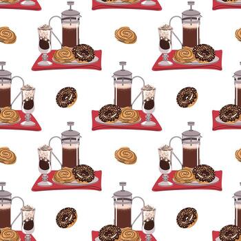 café y postre sin costura modelo con plano diseño. ideal para panadería marca, café tienda diseño, comida embalaje, social medios de comunicación gráficos, sitio web antecedentes y digital Arte proyectos vector