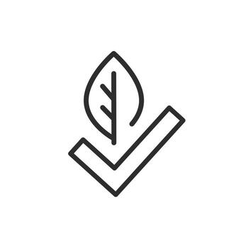 icon of check mark with leaf, approval eco friendly concept, certification vegetarian quality, ecology element, thin line symbol on white background - editable stroke illustration vector