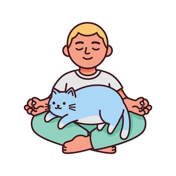 Mindful sitting with a cozy cat on the lap, person in lotus pose with gyan mudra, kawaii flat style in soft pastels on a clean white background, calm self care and pet companionship theme. vector