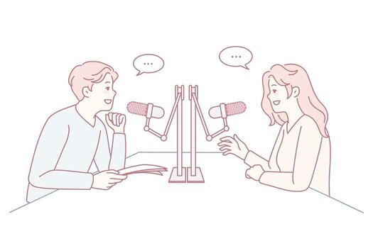 diverso personas hablar en micrófonos a radio vector