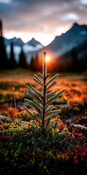 Small evergreen tree at sunset in Mountains photo