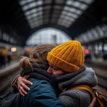 People hugging at a train station photo