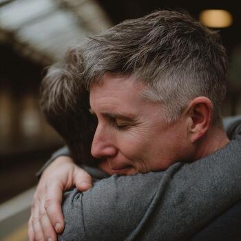 Man embraces child at train station photo