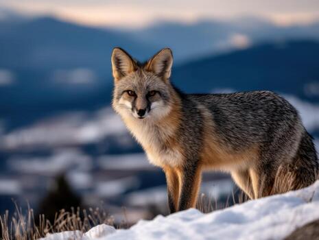 A fox stands on the snow in front of a mountain photo