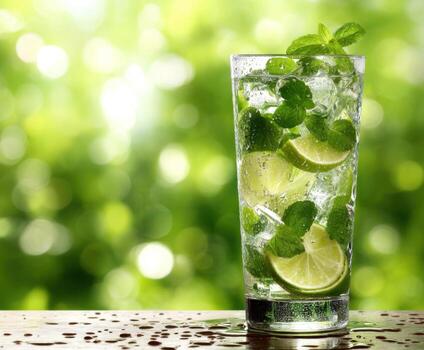 Mojito in a glass with lime slices and water photo