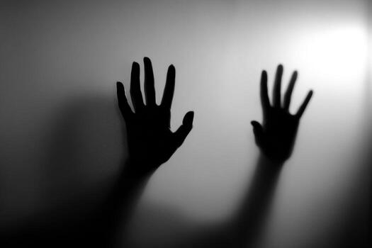 Two hands are shown in the dark with shadows photo