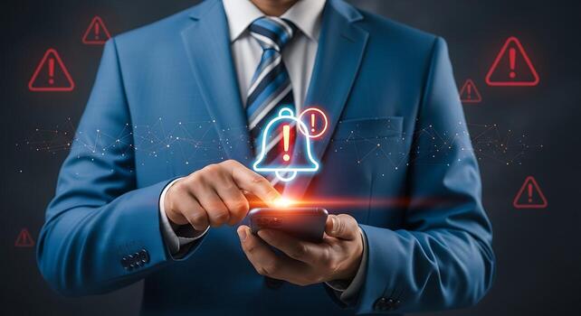 Man in suit using smartphone with alert notification and warning symbols photo