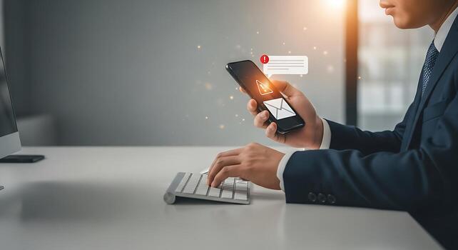 Man checking notification on smartphone while working on computer photo
