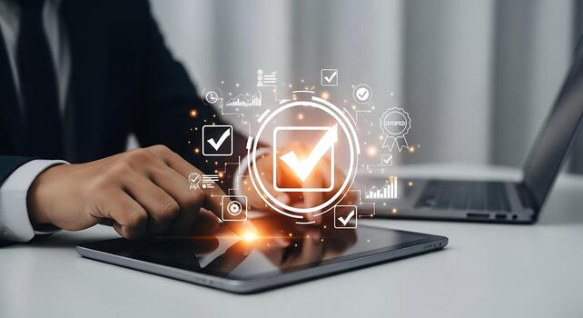 Businessman using tablet with digital checkmarks and data visualization photo