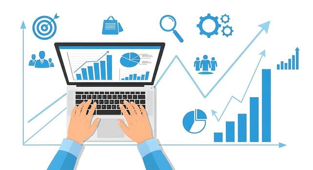 Hands typing on laptop displaying financial charts and data analysis with growth graphs and business icons photo