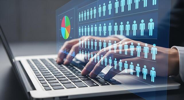 Hands typing on laptop keyboard with futuristic digital human figures overlayed for data analysis and technology concepts photo